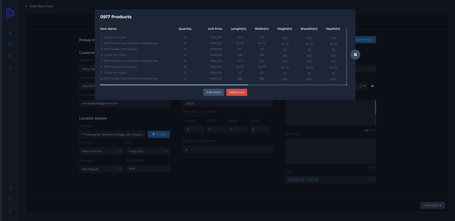 Legacy Deliveries PH interface — screen 4