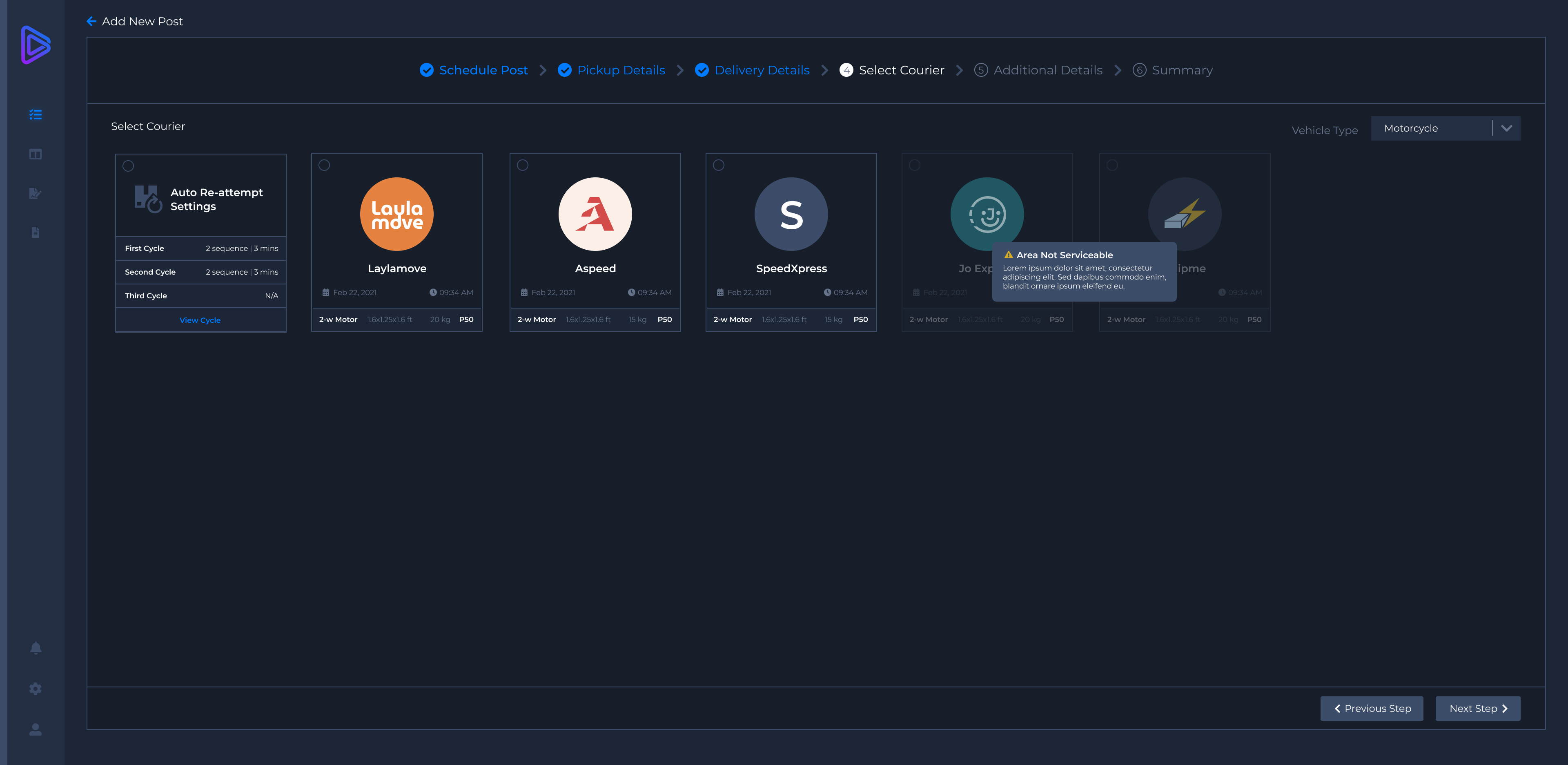 Legacy Deliveries PH interface — courier selection step